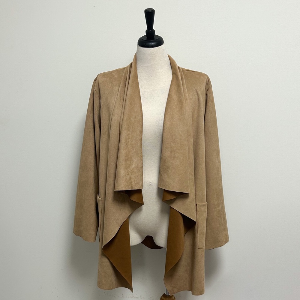 Philosophy Tan Brown Open Front Sueded Microfiber Cascading Lapel Jacket 2X